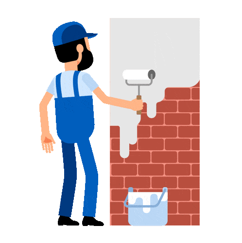 Painter worker paints a brick wall